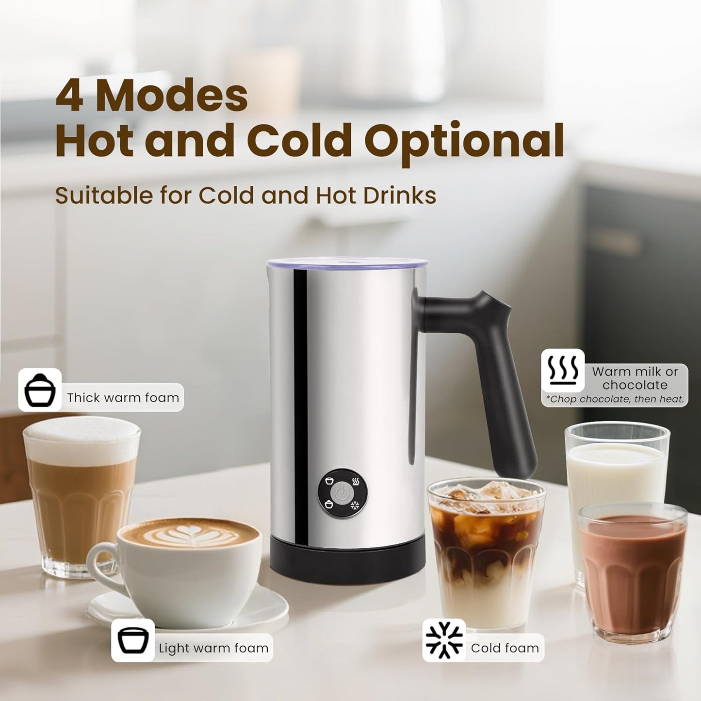 Milk Frother, 4-in-1 Milk Frother and Steamer, 10.6oz Electric Milk Steamer, Automatic Cold and Hot Foam maker for Lattes, Cappuccinos, Non-stick Coating Interior (Polished)