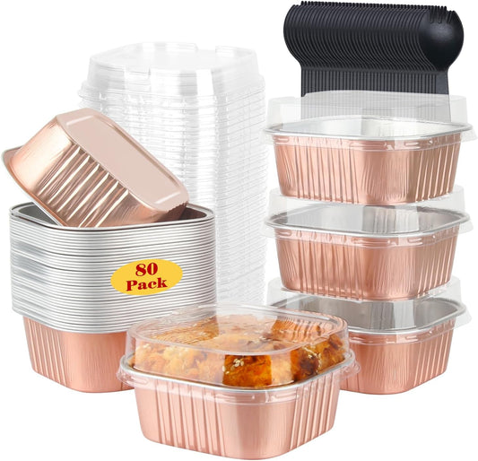 LNYZQUS 10oz/80pack Mini Cake Tins with Lids, 4”x4” Mini Foil Pans Disposable Brownie Baking Cups, Small Aluminum Bread Muffin Pan Jumbo Cupcake Containers Holders-Champagne