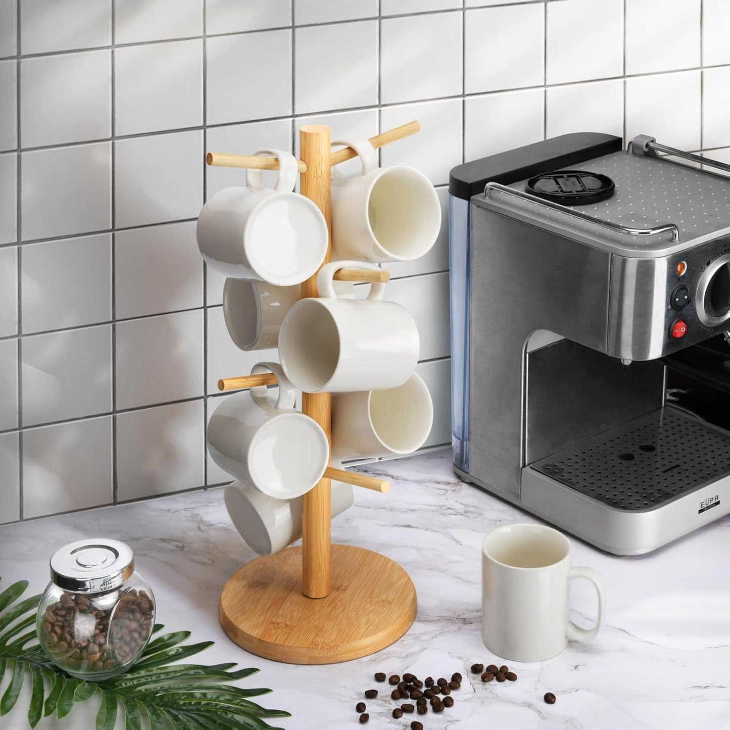 Lorbro Coffee Mug Tree with 8 Hooks, Mug Tree Stand, Wood Coffee Cup Holder, Countertop Mug Tree, Mug Stand Kitchen Organizer, Cafe Accessories Decor & Kitchen Organizer Storage Stand