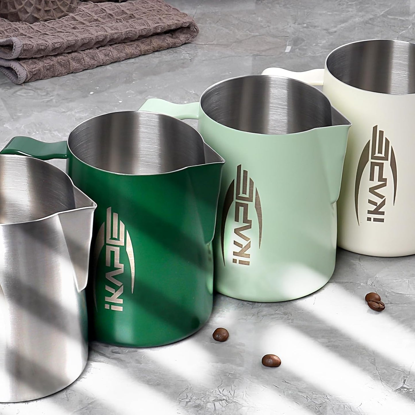 IKAPE Espresso Milk Pitcher, Espresso Steaming Pitcher with Sharp Spout for Espresso Barista Tool, 20.3 oz / 600ml Milk Frothing Jug (Light Green)