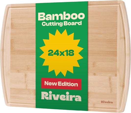 Riveira Two Tone Bamboo Wood Cutting Board – Gourmet Bamboo Grandeur: 24 x 18 Wooden Cutting Board – Wooden Cutting Boards For Kitchen Decorative – Innovative Juice Grooves Wooden Chopping Board