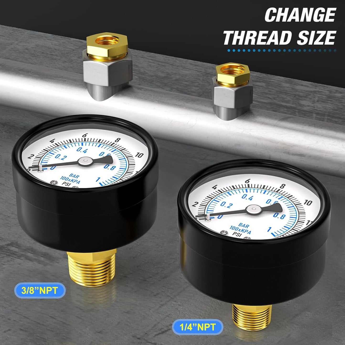 MEANLIN MEASURE 0-15Psi 2" DIAL FACE 1/8" NPT Well Pump Pressure Gauge, with 1/4" NPT and 3/8" NPT Hex Bushing, 3-2-3% Accuracy, Center Back Mount