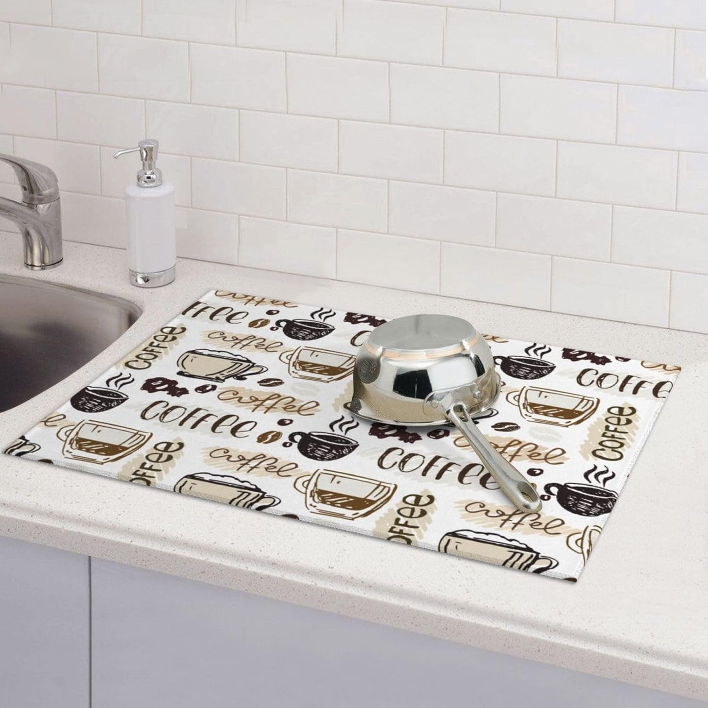 Coffee Dish Drying Mat 18 x 24 Inch, Coffee Drying Mat Absorbent Reversible Microfiber Coffee Kitchen Mat Dish Rack Pad Dish Drainer Mat Brown Coffee Mat for Kitchen Counter Coffee Bar