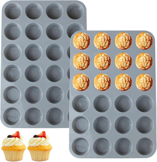 24 Cups Silicone Mini Muffin Pan Set, Nonstick Mini Cupcake Pans, BPA Free Small Muffin Tin for Baking, Set of 2 (Grey+Grey)