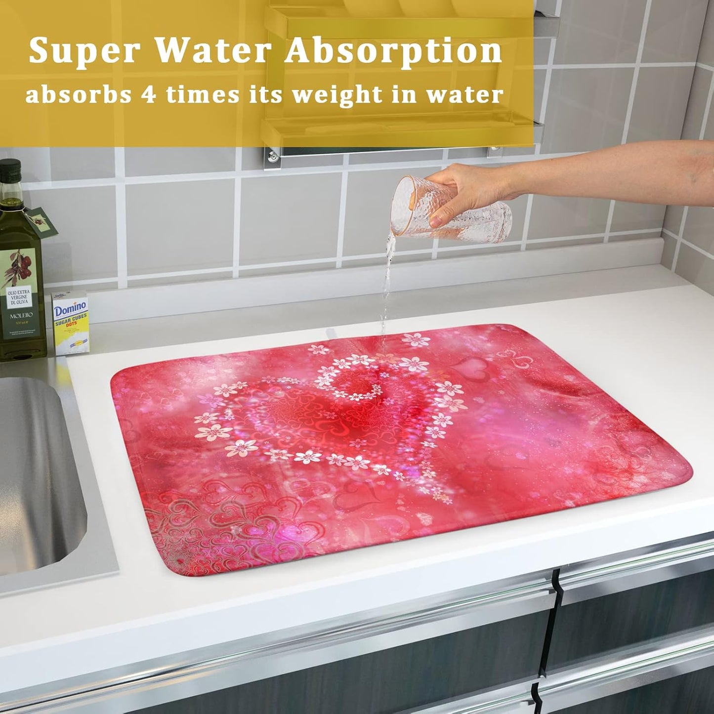 Valentines Day Dish Drying Mat for Kitchen Counter Red Heart Flower Decor Drying Mat 18 x 24 Inch with Absorbent Reversible Microfiber Dish Drying Pad Dish Rack Drainer Mat for Coffee Bar