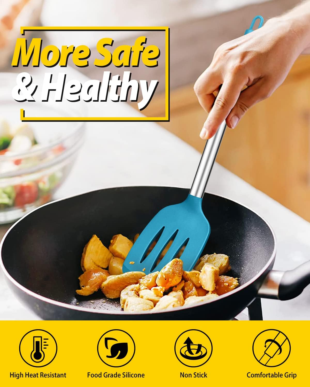 Pack of 4 Silicone Cooking Utensils Set, Non Stick Large Solid Spatulas, Heat Resistant Blue Slotted Spoons, Ideal BPA Free Kitchen Turners for Frying, Mixing,Serving,Draining,Turning,Stirring