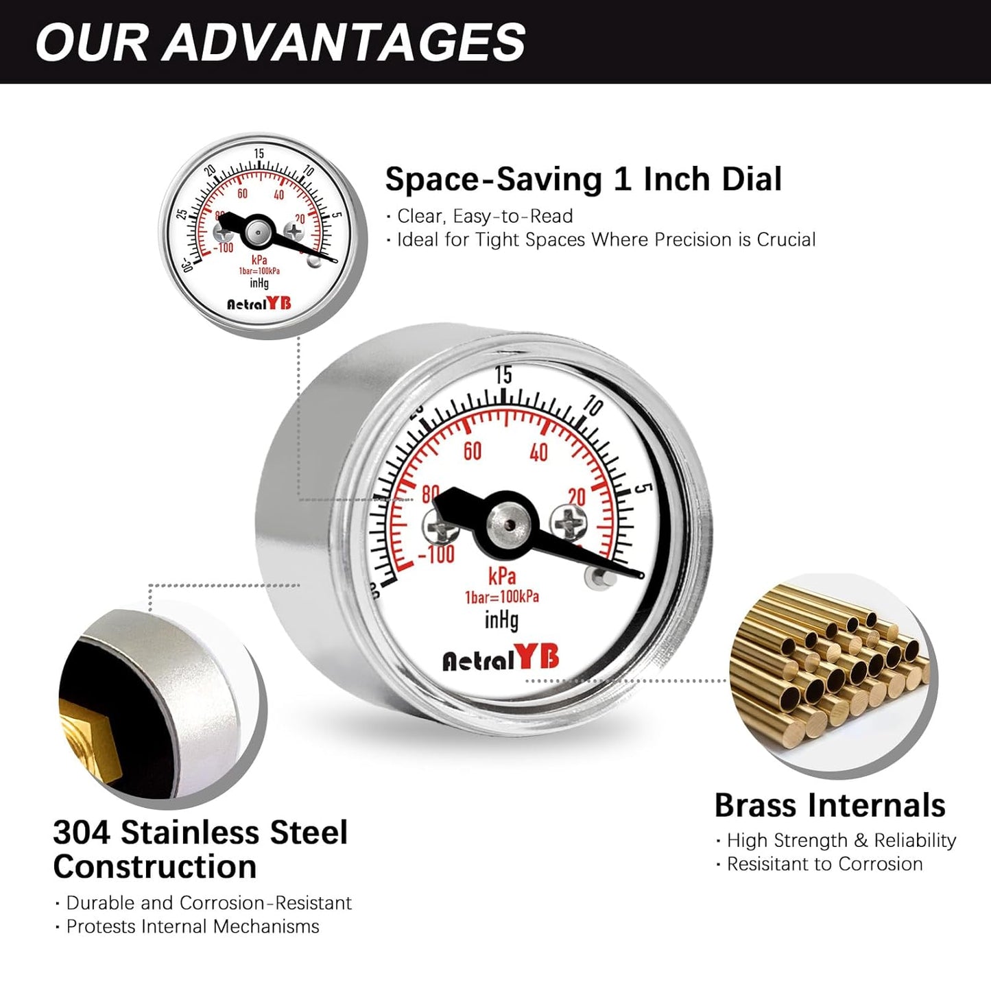 1inch Vacuum Pressure Gauge, 30Inhg-0/-100Kpa-0,1" Dial, 1/8 NPT Back Mount, 304 Stainless Steel Case, Brass Internal, for Vacuum Test