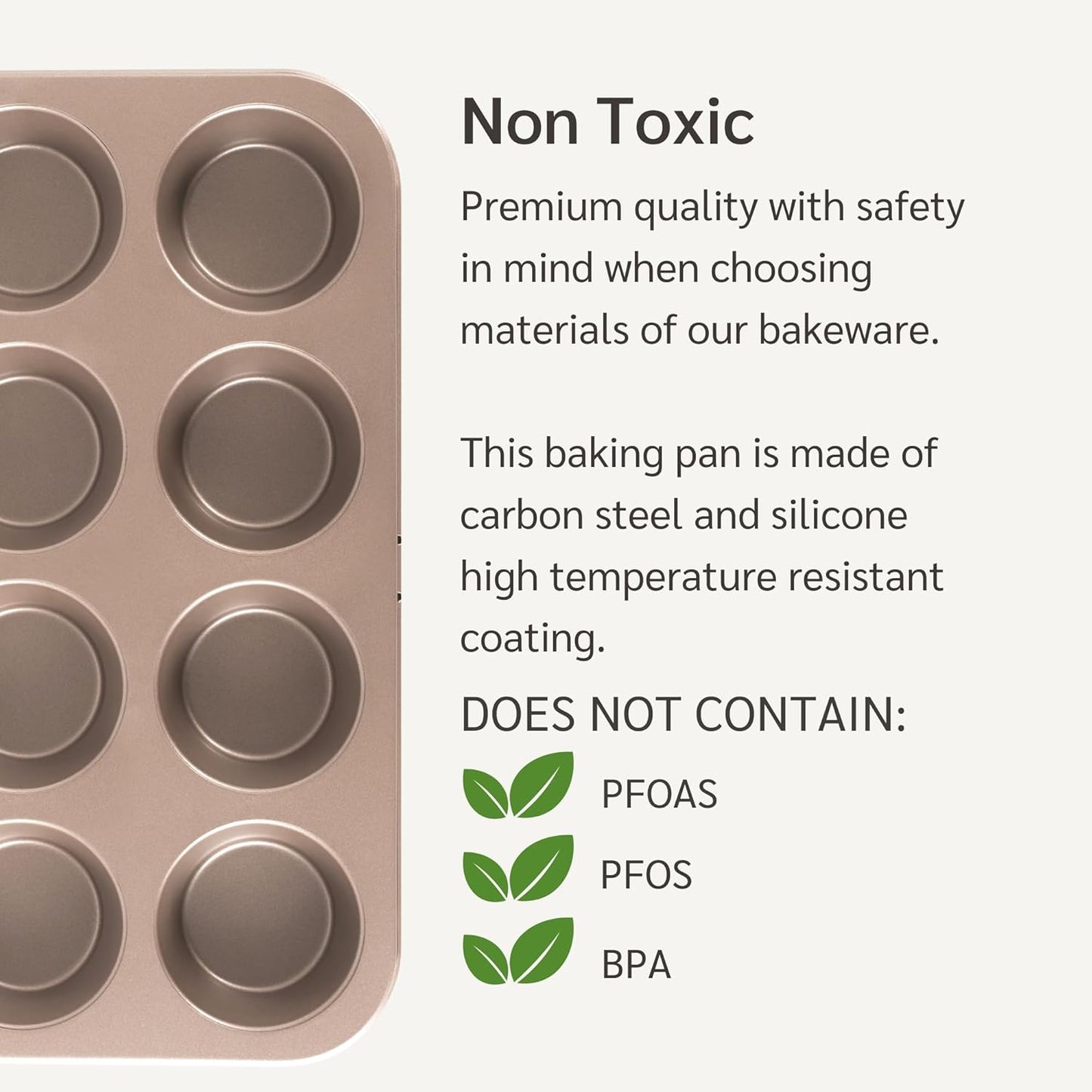 Non Toxic Nonstick 12 Cup Muffin Pan | PFOA BPA free Nontoxic Cupcake Tin | Best Non Stick Muffin Pans | Muffin tins | Cupcakes Tray | Carbon Steel Bakeware Mold Trays