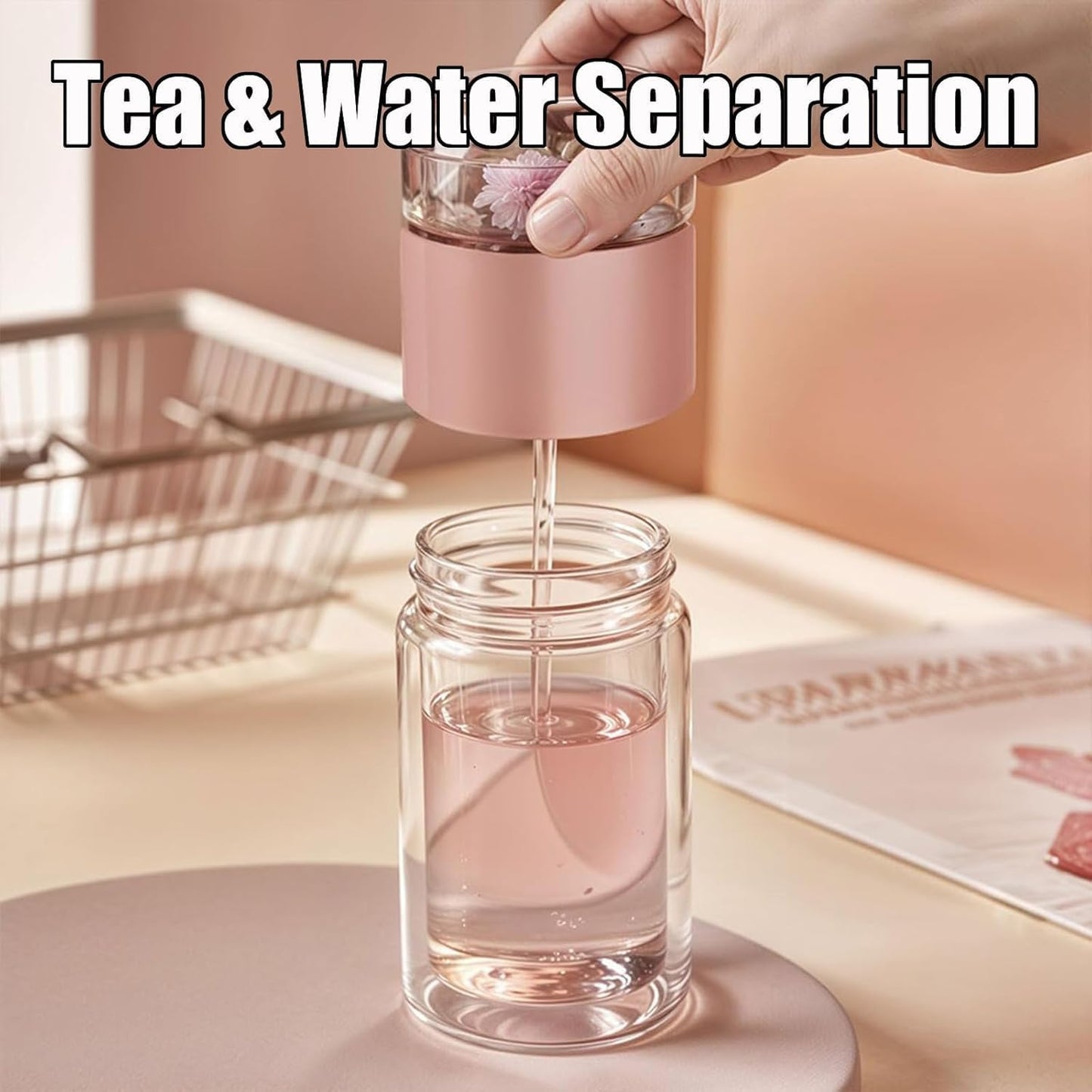 Tryteava Glass Infuser, Tryteava 3-in-1 Smart Tea Infuser, Portable Glass Double Wall Tea Infusers Bottle, with Stainless Steel Filter, Hot & Cold Brew, For Loose Leaf, Office Home (Gold, 280ml)