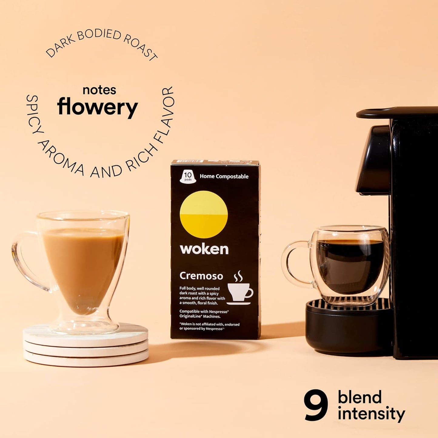 WOKEN COFFEE Compostable Nespresso Pods - Cremoso Dark Roast Italian Espresso Coffee Capsules Compatible With Nespresso Coffee Machine (100 Pod Count, 10 Boxes)