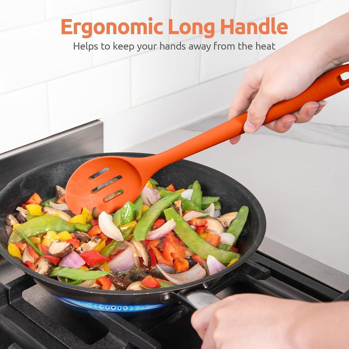 600ºF Heat Resistant Silicone Spoons: U-Taste 13.3in Solid & Slotted Kitchen Cooking Spoon, Nonstick Long Rubber Utensil, Sturdy for Mixing, Serving, Stirring, Frying, Draining (Orange, 2PCS)