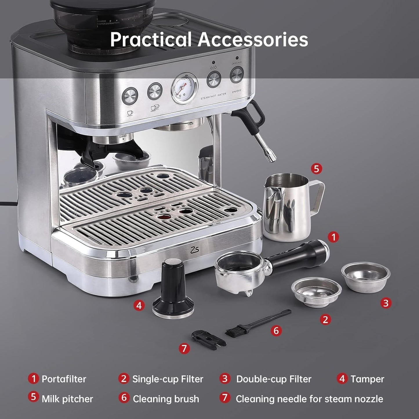 15 Bar Express Espresso Machine with Built-in Grinder,Stainless Steel Semi Automatic Espresso Maker,Dual PID Control, 80oz Water Tank,Heating, Milk Frother & Auto-Cleaning,for Lattes and Cappuccinos