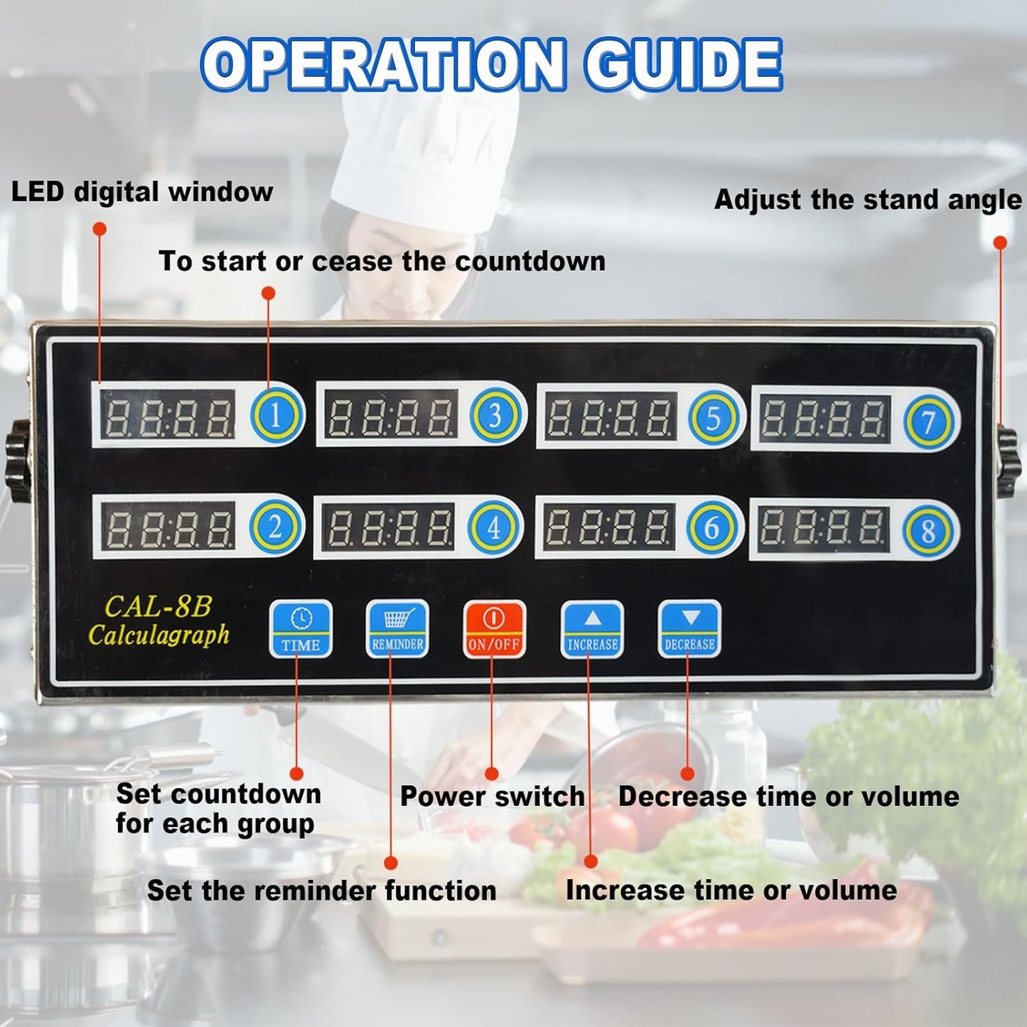Commercial 8 Channels Digital Kitchen Timer, Stainless Steel Calculagraph Timer with Loud Alarm for Restaurant, Clock Reminder on Multiple Events