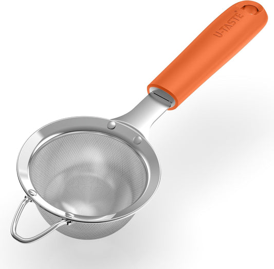 U-Taste Small Fine Mesh Strainer: 18/8 Stainless Steel 3.35in 30 Mesh Kitchen Food Sieve with Sturdy Riveted Silicone Handle, Heavy Duty Deep Handheld Metal Colander for Tea, Juice (Orange)