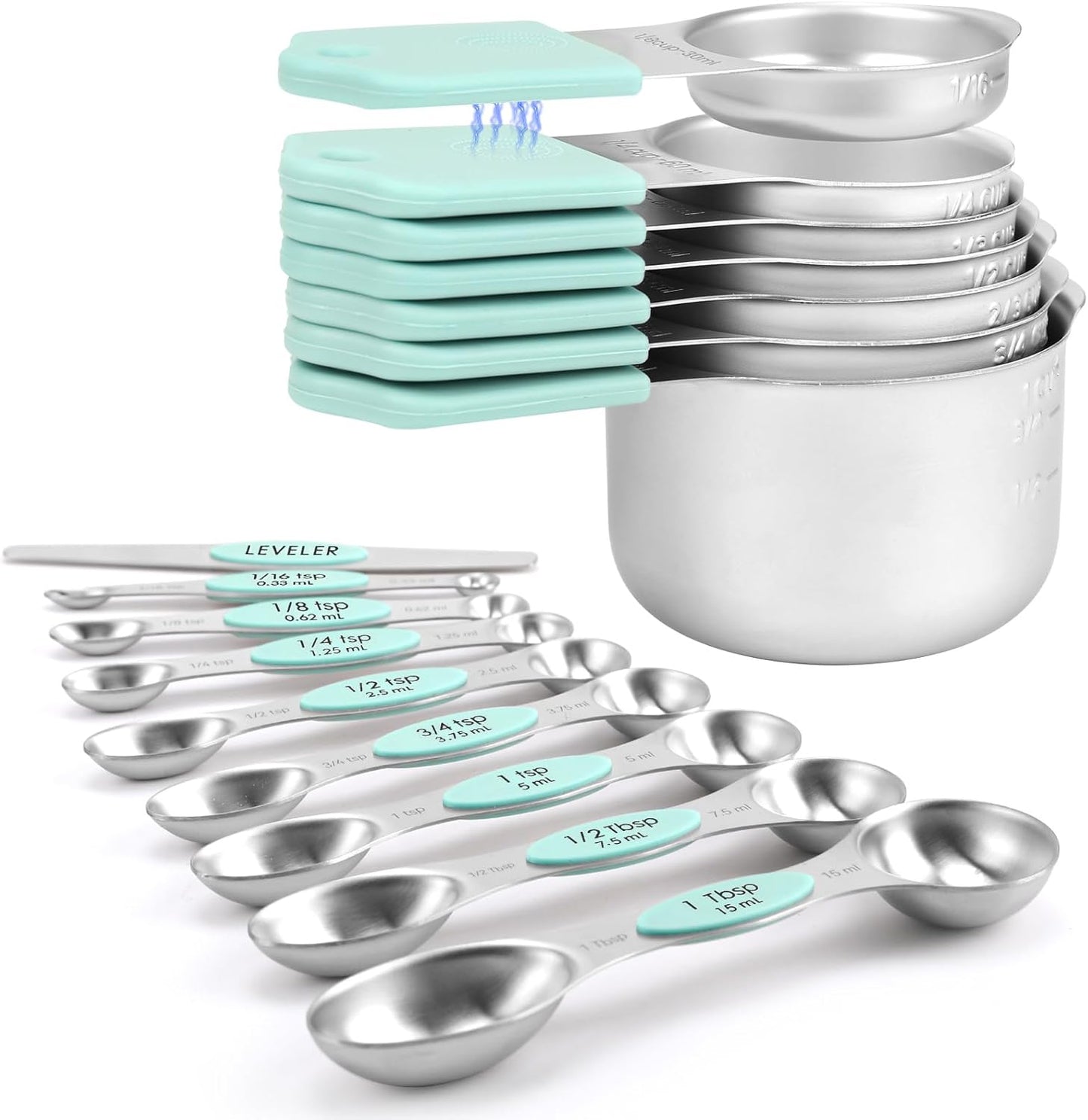 Magnetic Measuring Cups and Spoons Set-Heavy Duty 304 Stainless Steel，Double Measurement Markings，Set of 16 with Leveler for Measure Dry and Liquid Ingredients (Mint)