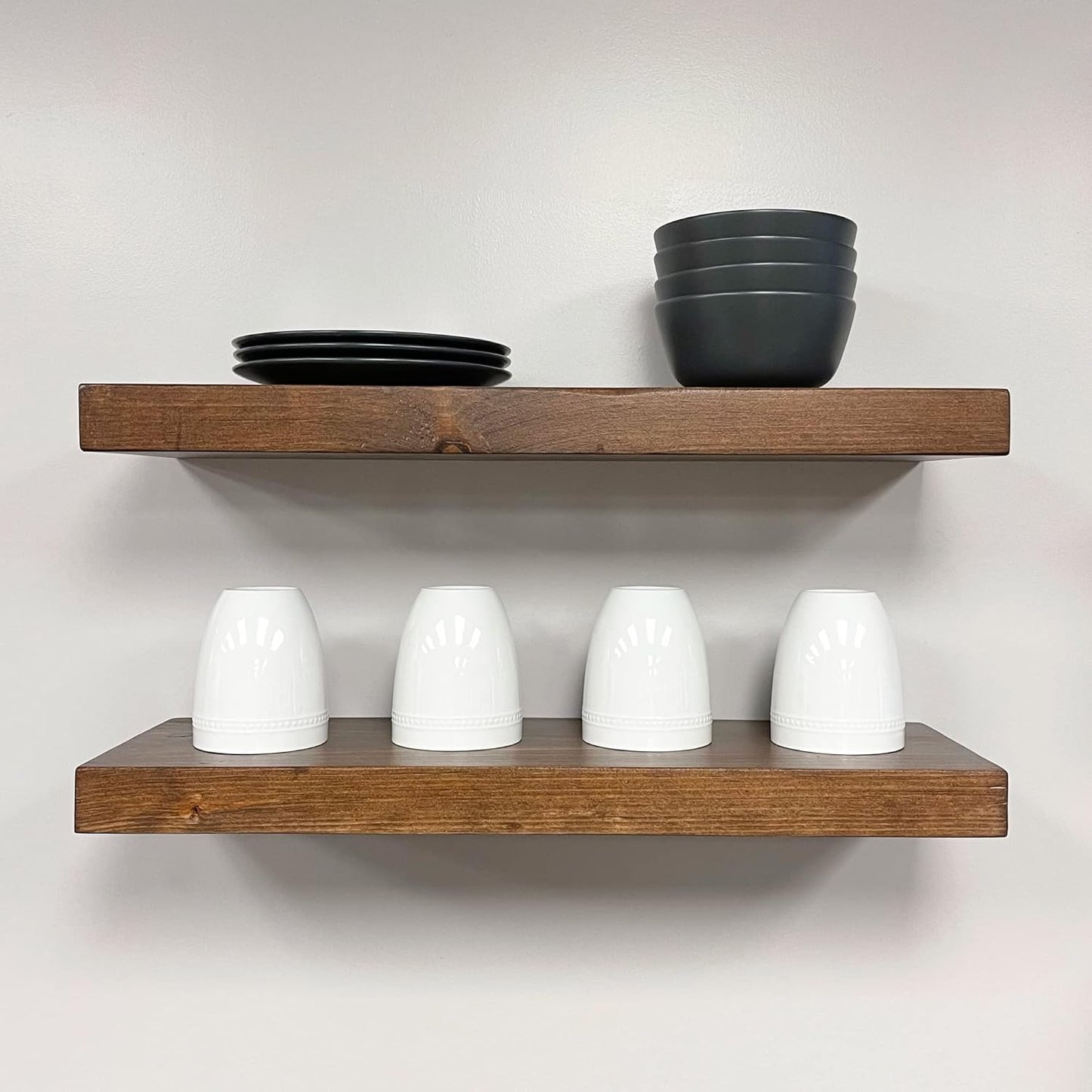 URBANDI, Rustic Floating Shelves, Set of 2, Hidden Bracket, Solid Wood, Heavy Duty, Wall Mounted Shelves, (Dark Brown, 12Wx8D)