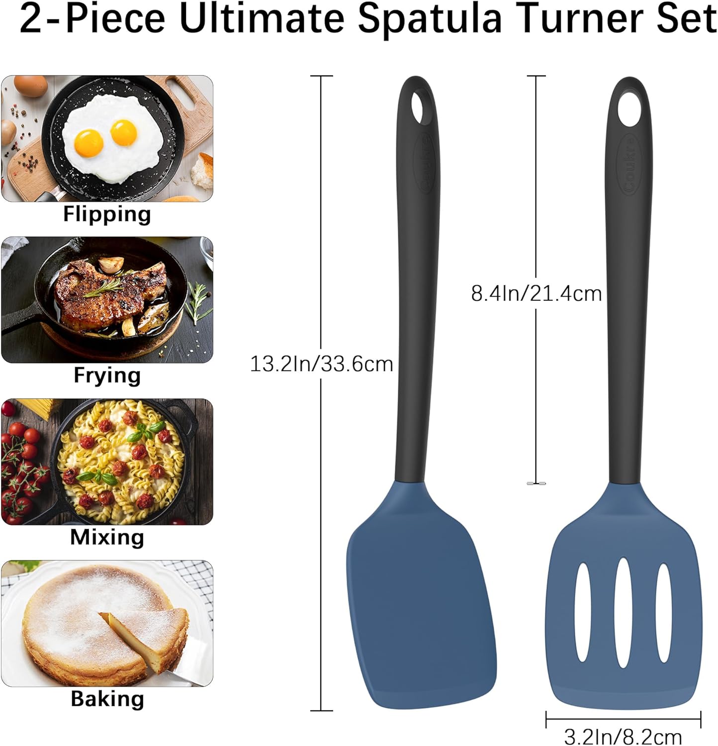 Coukre 2 Pack Silicone Spatula Set, High Heat Resistant, BPA Free Kitchen Spatula, Solid & Slotted Turner for Non-Stick Pans, Sautéing, and Flipping (2, DarkBlue)