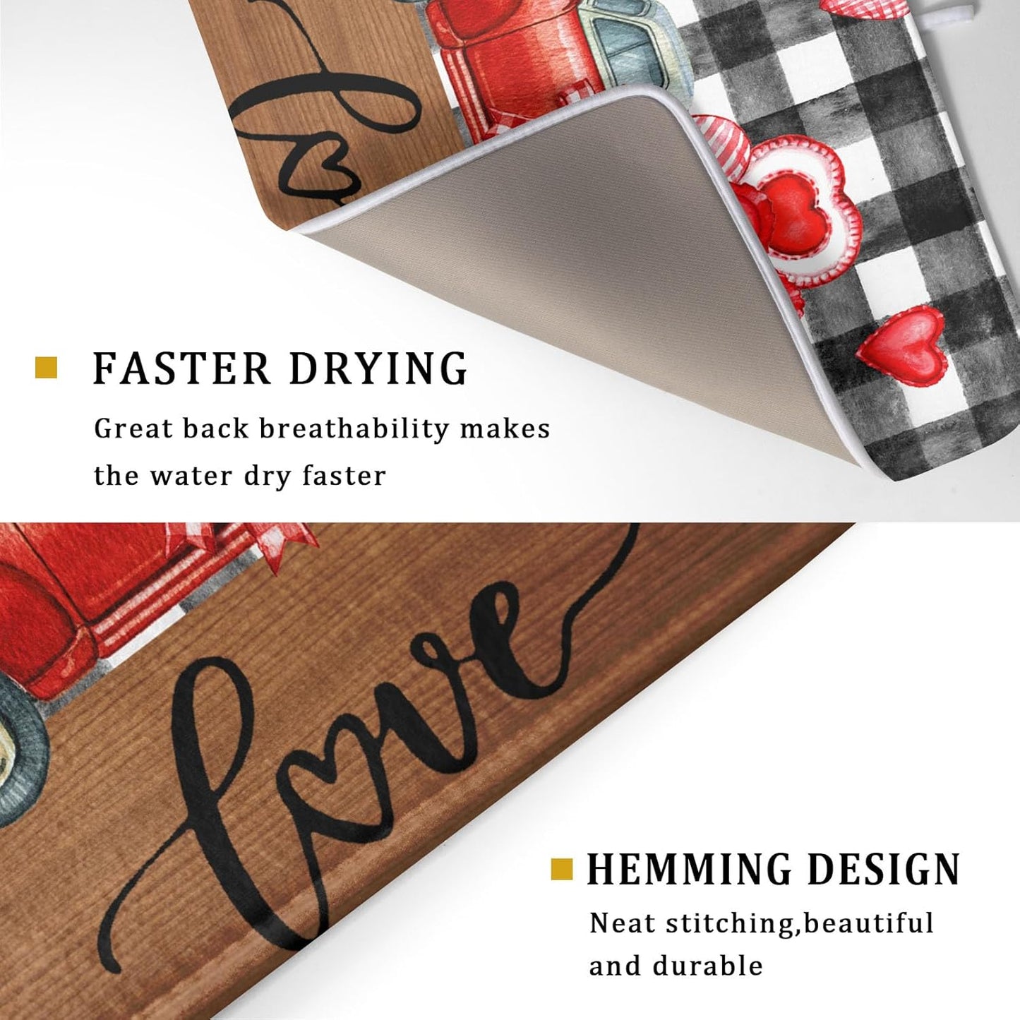 Valentine's Day Red Heart Truck Dish Drying Mat for Kitchen Counter,Black White Buffalo Plaid Love Drying Mat 18 x 24 Inch with Absorbent Reversible Microfiber Dish Drying Pad for Coffee Bar