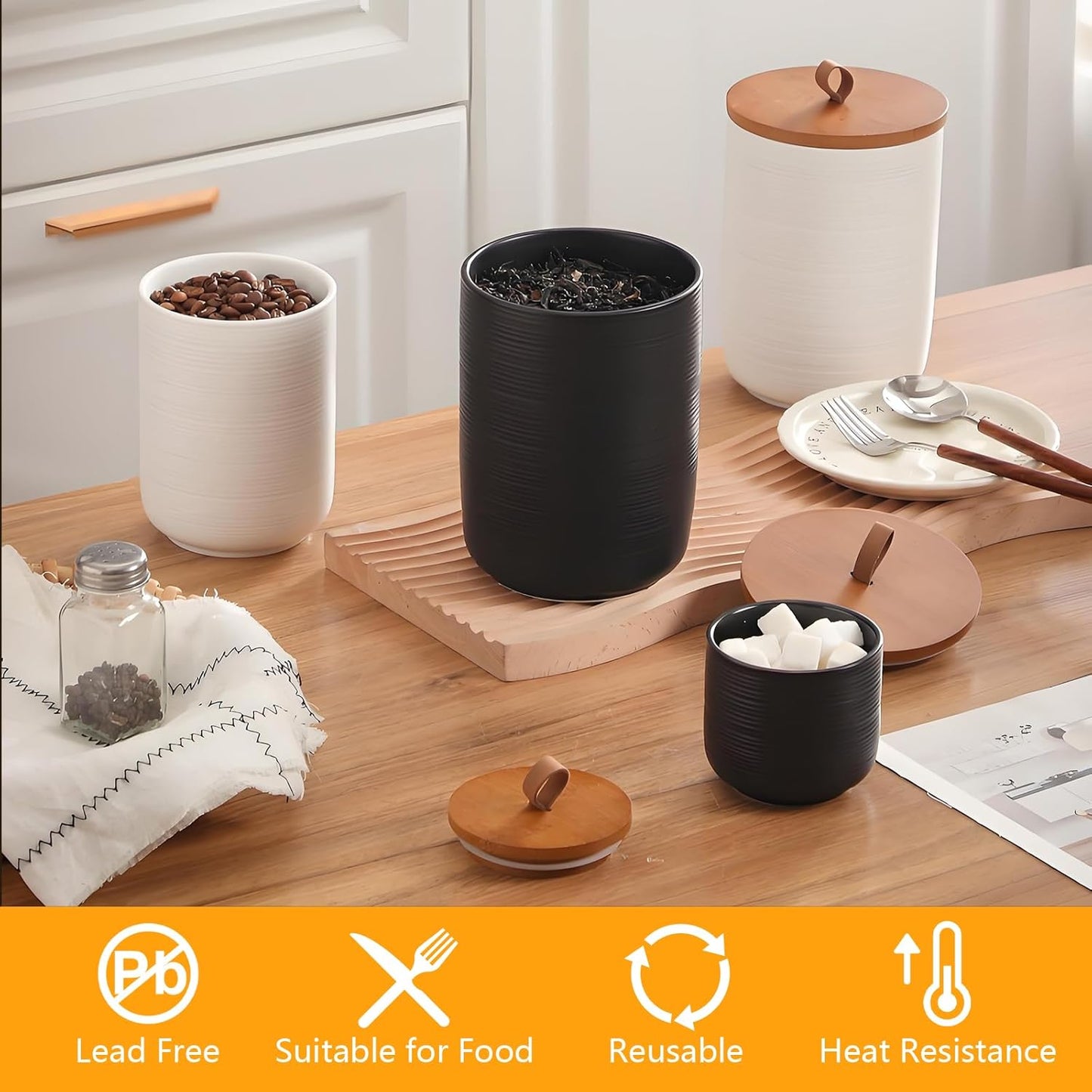 Food Storage Jar Strong Ceramic Storage Canisters with Airtight Wooden Lid,Kitchen Storage Containers for Serving Coffee Beans, Tea, Sugar, Salt, Spices (Medium black)