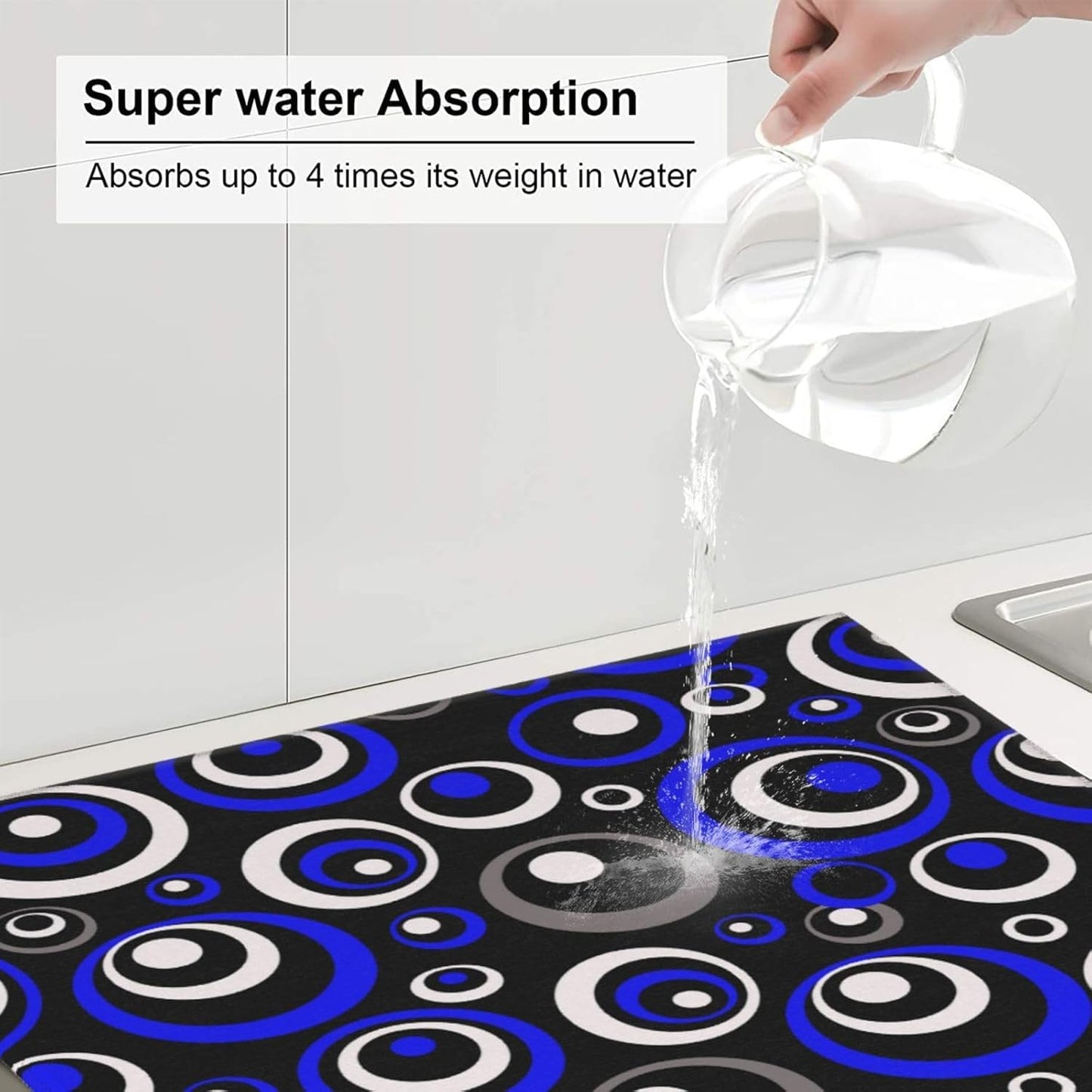 Blue Black White Geometric Circle Dish Drying Mat for Kitchen Counter, 16" x 18" Absorbent Microfiber Drying Pad for Dishes, Modern Decor Kitchen Mat, Foldable, for Sink, Dining Area, Small Appliances