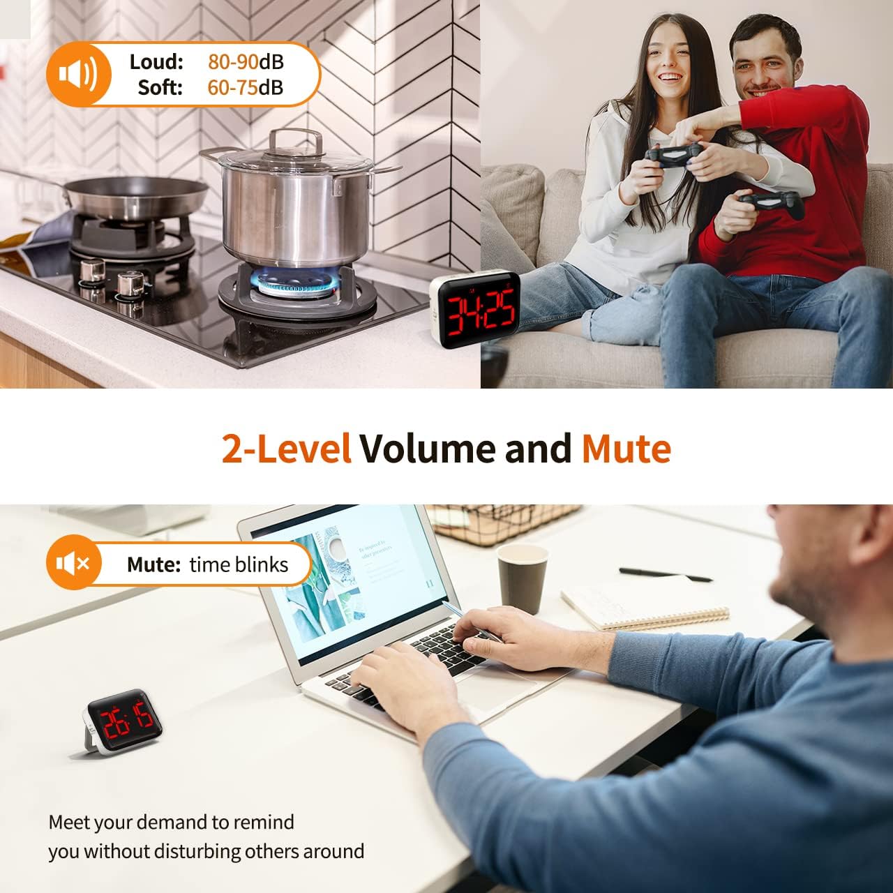 VOCOO Magnetic Kitchen Timer for Cooking with Count Up Countdown, Digital Timer Battery Powered with Large Display, 2 Brightness and Volume Levels for Classroom, Teacher, Kids (Red)