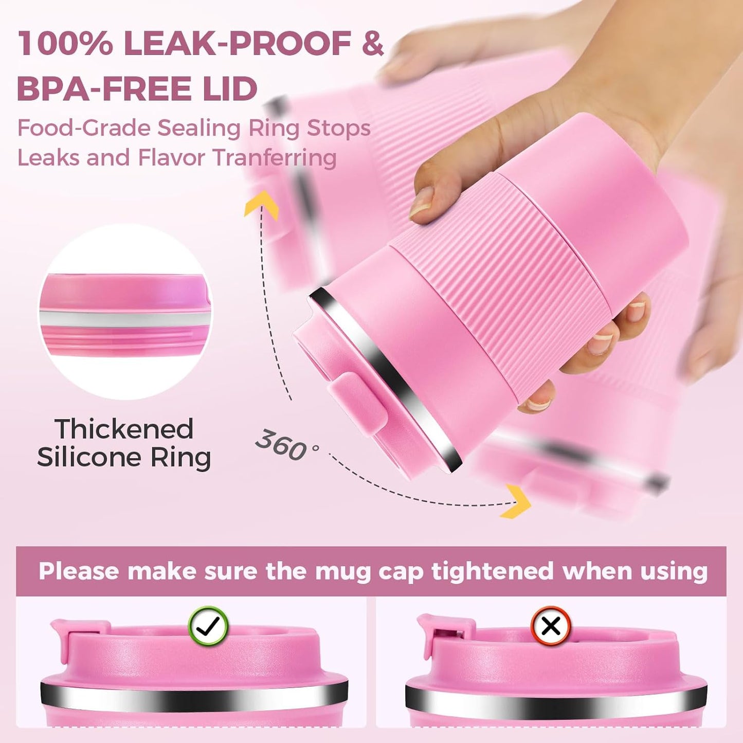 Volhoply 13 oz Stainless Steel Insulated Travel Coffee Mug with Fip Lid Bulk 2 Pack,Reusable Double Wall Vacuum Metal Coffee Cup,Portable Leak Proof Thermal Tumbler for Hot & Cold Drinks(Pink,2)
