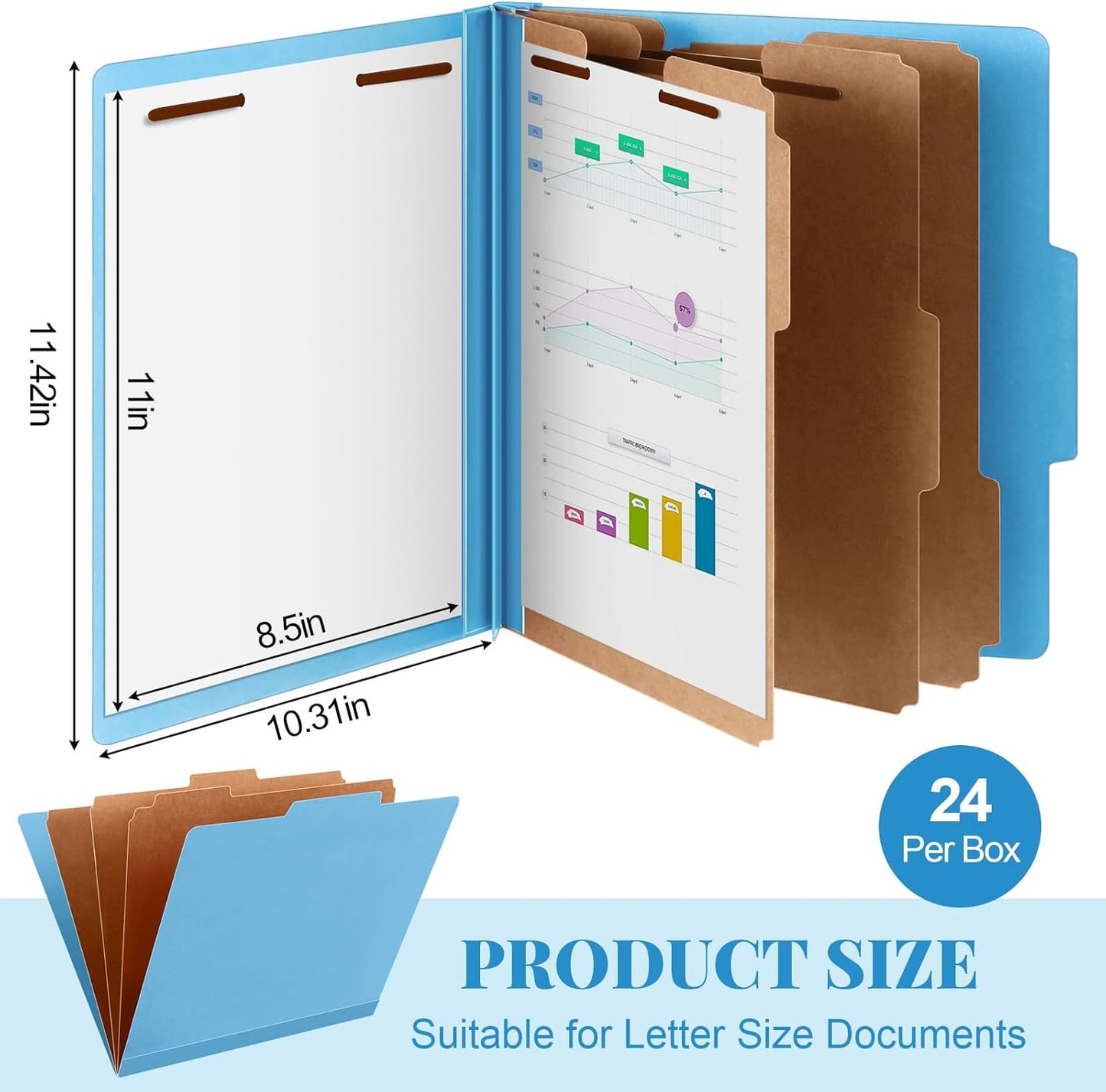24 Pcs Classification Folders Letter Size, Back to School Supply for Teacher, Student, 3 Dividers Pressboard File Folder Bulk with 2 Fasteners, 3.5 Inch Expanding File Organizer (Blue)