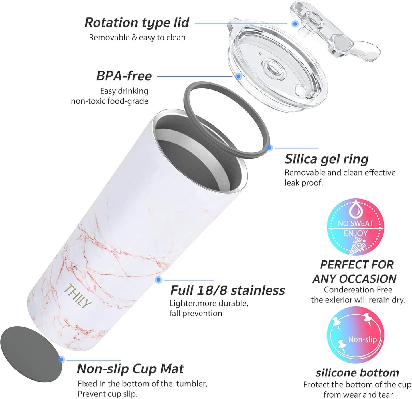 THILY Stainless Steel Vacuum Insulated Tumbler 26 oz Triple-Insulated Travel Mug with Splash-Proof Lid, for Iced Coffee and Hot Beverage, Gold Marble + Blue Marble