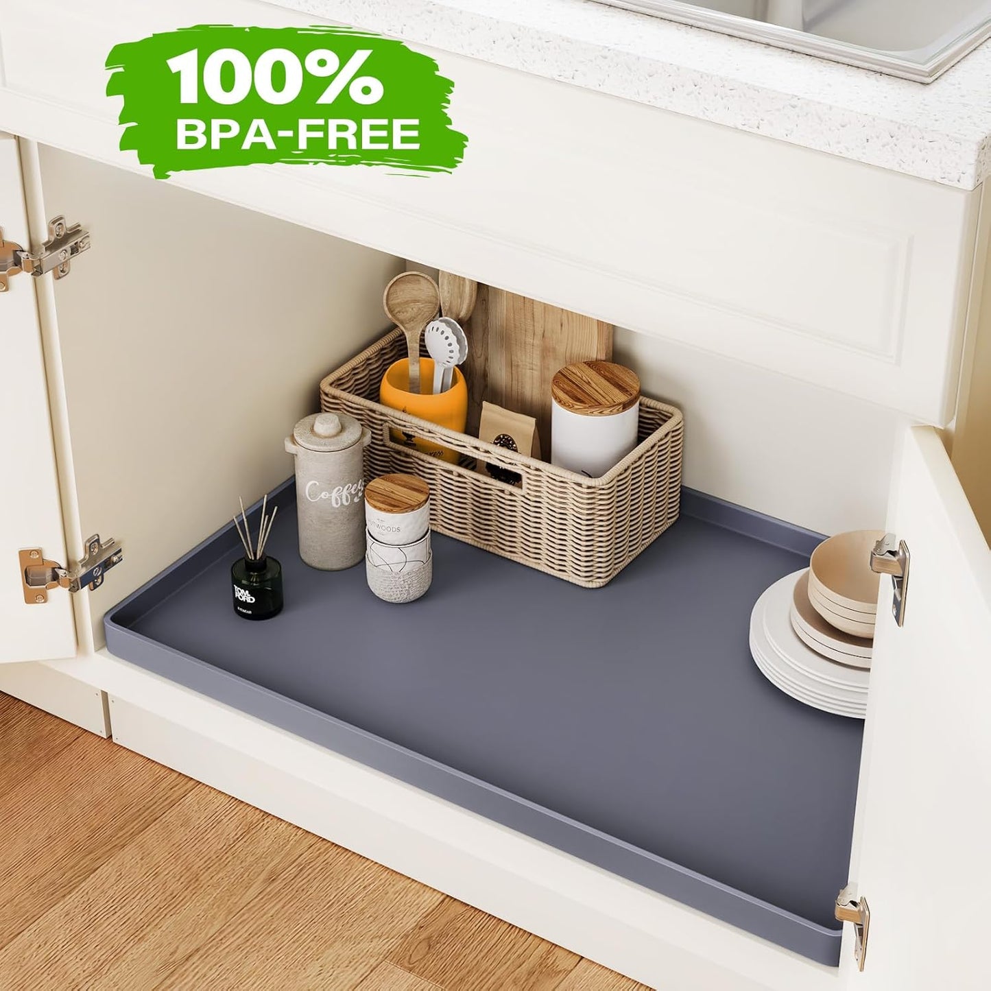 FLATO Waterproof Under Sink Mat 37" x 19" Shelf Liner for Kitchen and Bathroom, Cabinet Protector, Organizers and Storage, Flexible Silicone Drip Tray