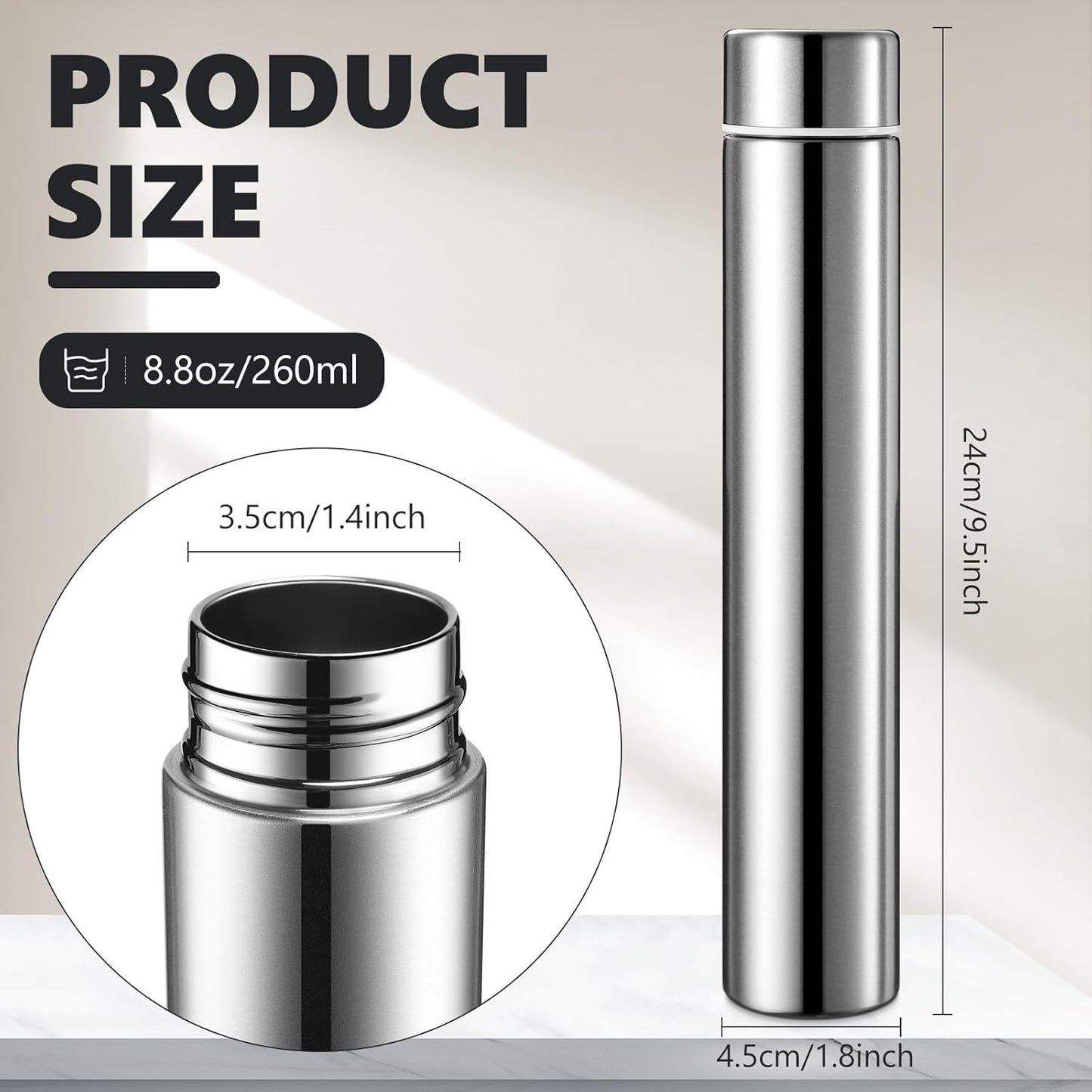 Vesici Slim Water Bottle 8.8 oz Small Stainless Steel Purse Compact Insulated Water Bottles Camping Travel Backpack Pocket Flask for Car Cold Coffee Tea(Silver,2 Pack)