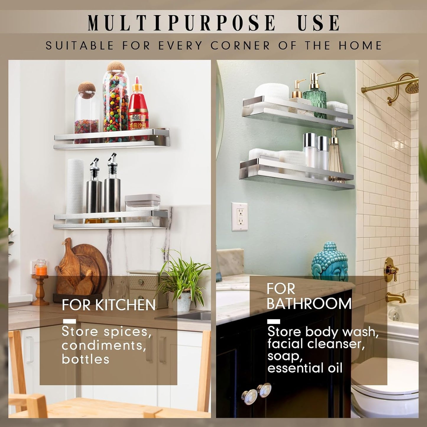 Lallisa 2 Pieces Stainless Steel Shelf Bathroom Shower Floating Shelves Wall Mounted Shower Caddy Basket Shelf Storage Organizer Shelves for Bathroom, Kitchen, Living Room (Silver,11.81 Inch/ 30 cm)