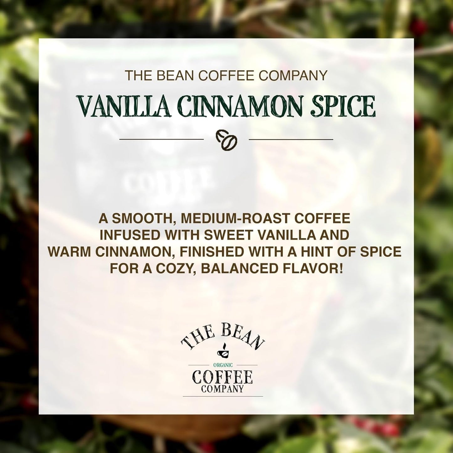 The Bean Organic Coffee Company Holiday Bean (Vanilla Cinnamon Spice), Medium Roast, Ground Coffee, 16-Ounce Bag, Café molido tostado orgánico