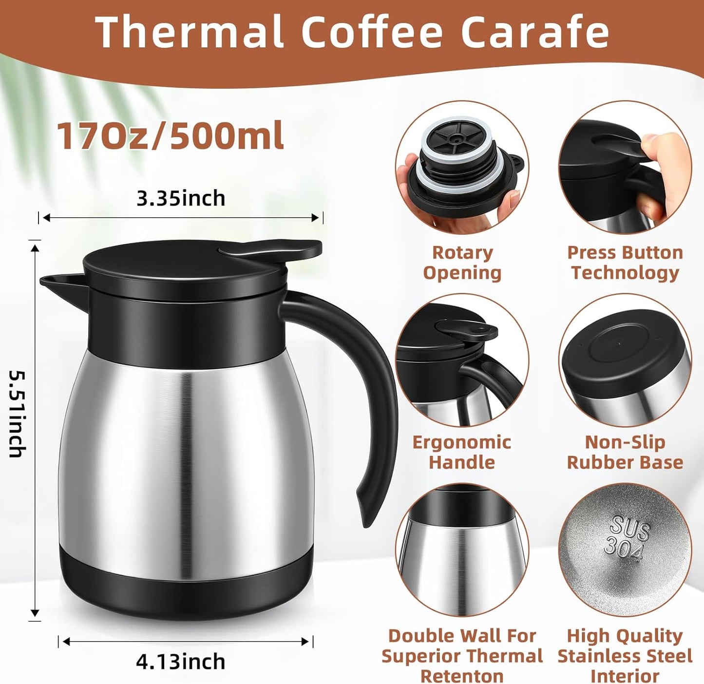 Norme 2 Pcs Thermal Coffee Carafe Insulated Stainless Steel Coffee Carafe for Hot Liquid Vacuum Thermal Pot Creamer Pitcher Dispenser with Brushes Keeping Hot Water Milk(Silver,17 oz)