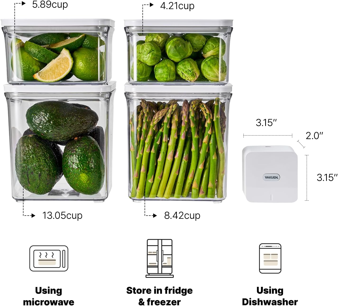 VAKUEN Premium Airtight Food Storage Containers & Vacuum Sealer Machine Starter Set, 4-piece Container with Sealer, 100% Leak Proof,Keep food fresh up to 5 times longer than non-vacuum strorage.