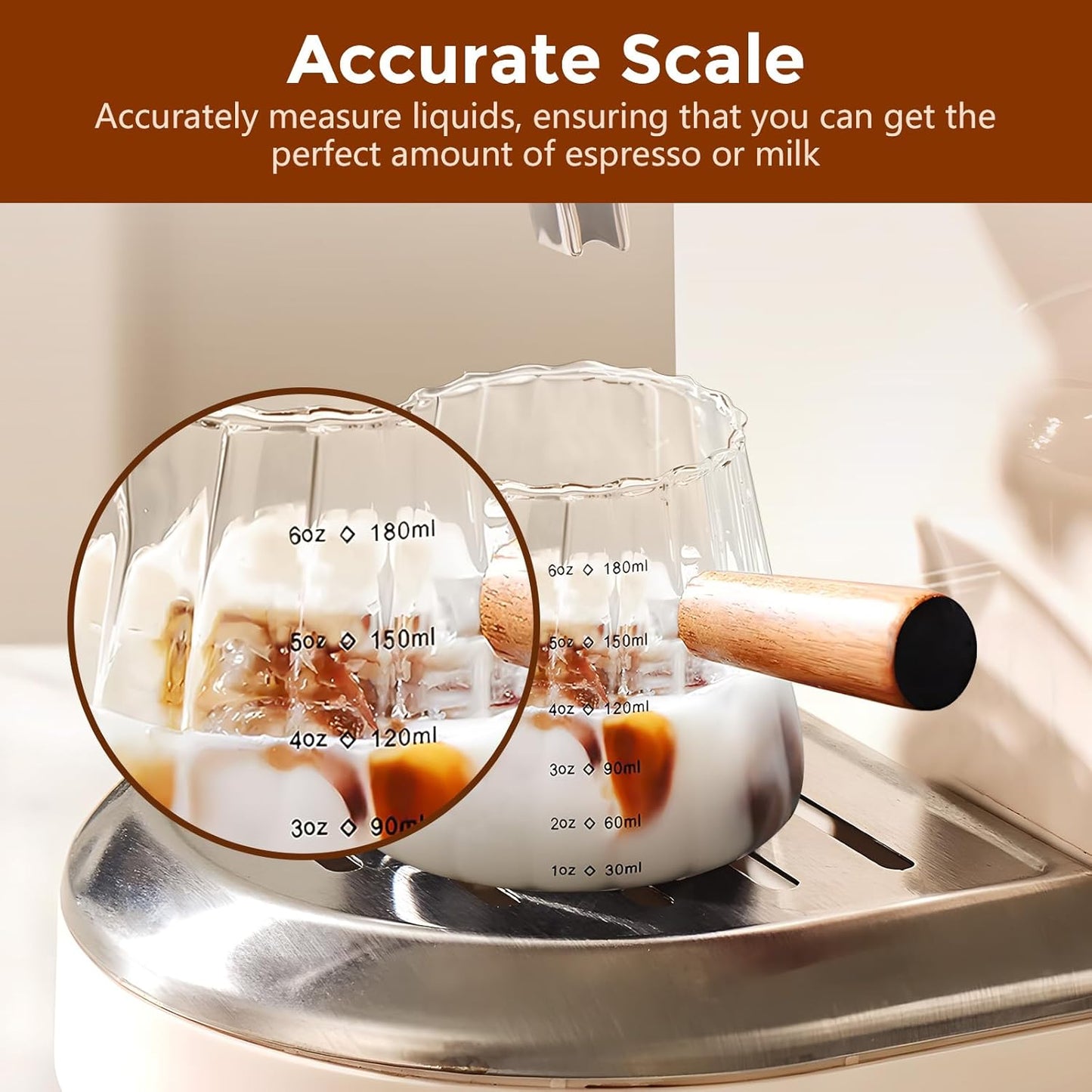 YARRAMATE 6 oz/180ML Glass Measuring Cup with Wooden Handle – Espresso Shot Cups, Ribbed Milk Frothing Pitcher, Dual Scale Markings, V-Shaped Mouth for Easy Pouring