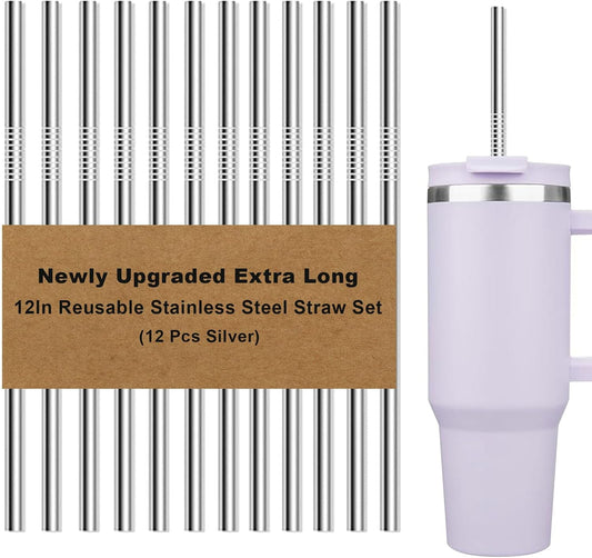 Newly Upgraded Extra Long 12In Metal Straws Reusable Set 12 PCS,BPA Free, Eco-Friendly Stainless Steel Straws Fit 40 oz Tumbler,for Hot/Cold Drinks