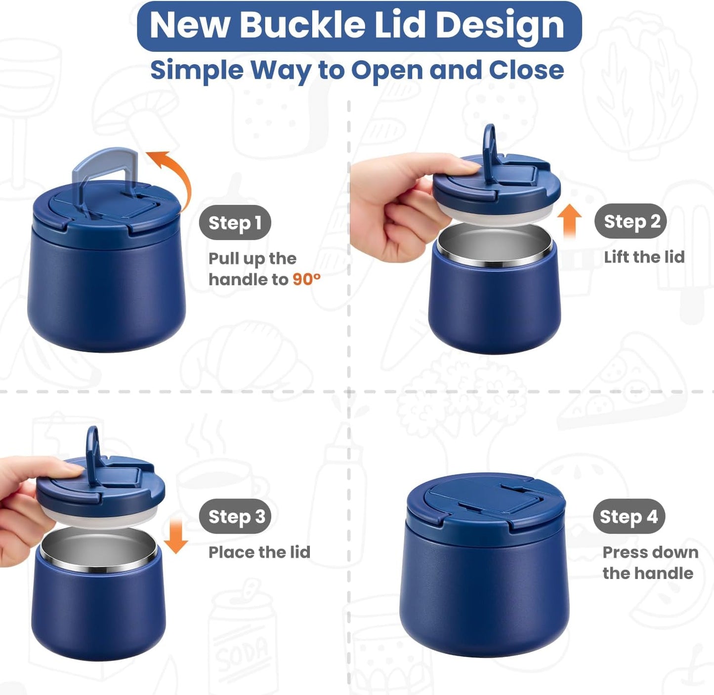 14oz Insulated Vacuum Food Jar with Buckle Lid,Soup Thermo for Hot Food Kids,Wide Mouth Leakproof Stainless Steel Lunch Container with Spoon-Blue