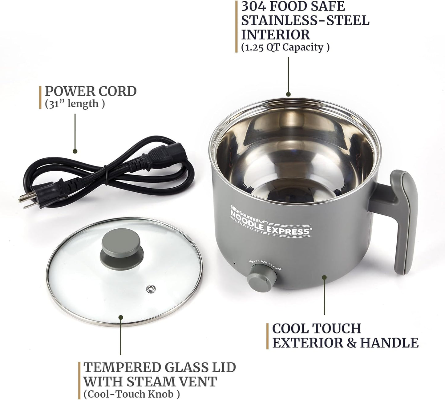 Elite Gourmet NOODLE EXPRESS™ Hot Pot, Prepare Ramen, Rice, Soups, Stews, Boil Water, Stainless-Steel Interior, Glass Lid, High/Low/Off Settings, Grey