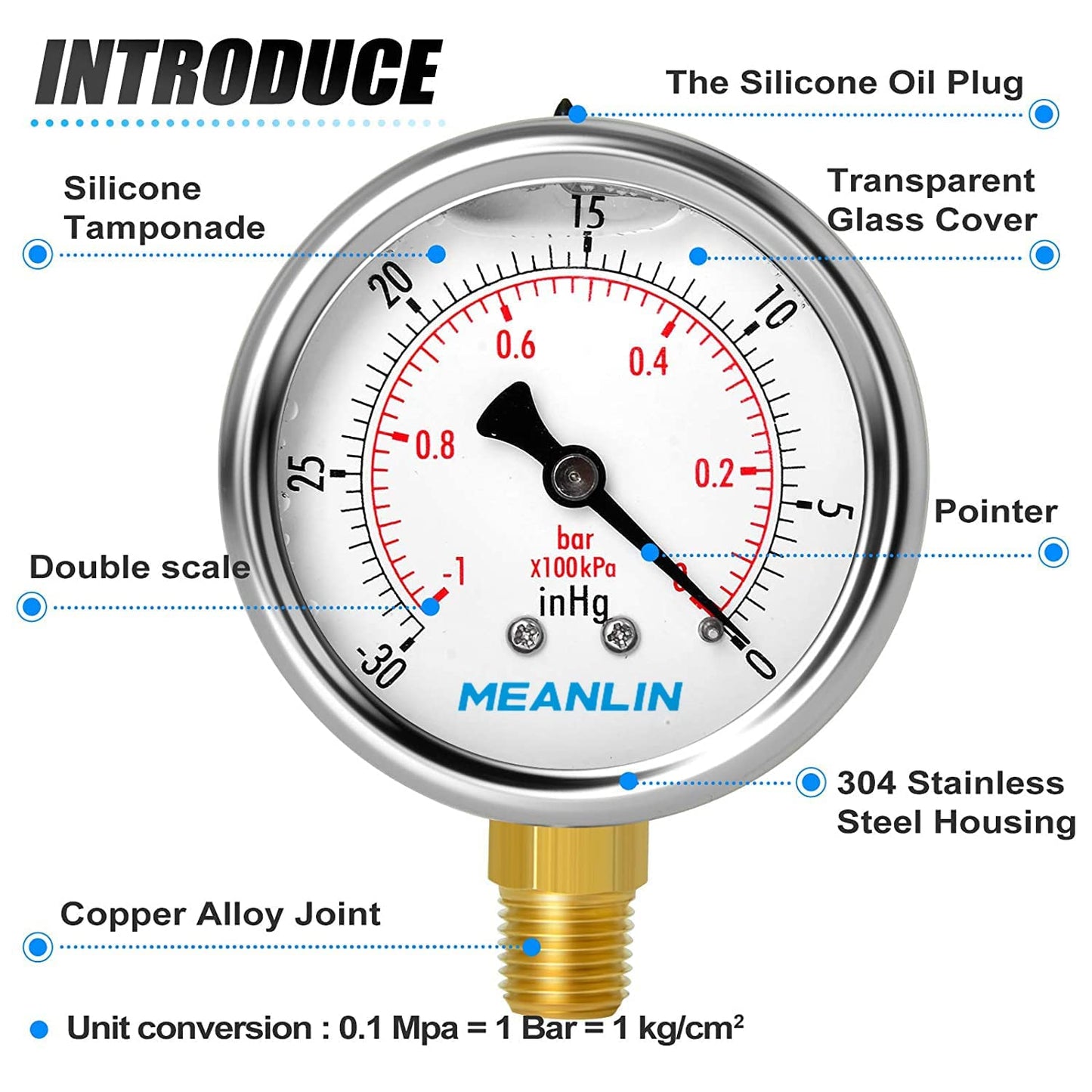 MEANLIN MEASURE -30inHG~0Psi Stainless Steel 1/4" NPT 2.5" FACE DIAL Vacuum Pressure Gauge, Lower Mount (Pack of 2), with 1/2" NPT and 3/8" NPT Hex Bushing