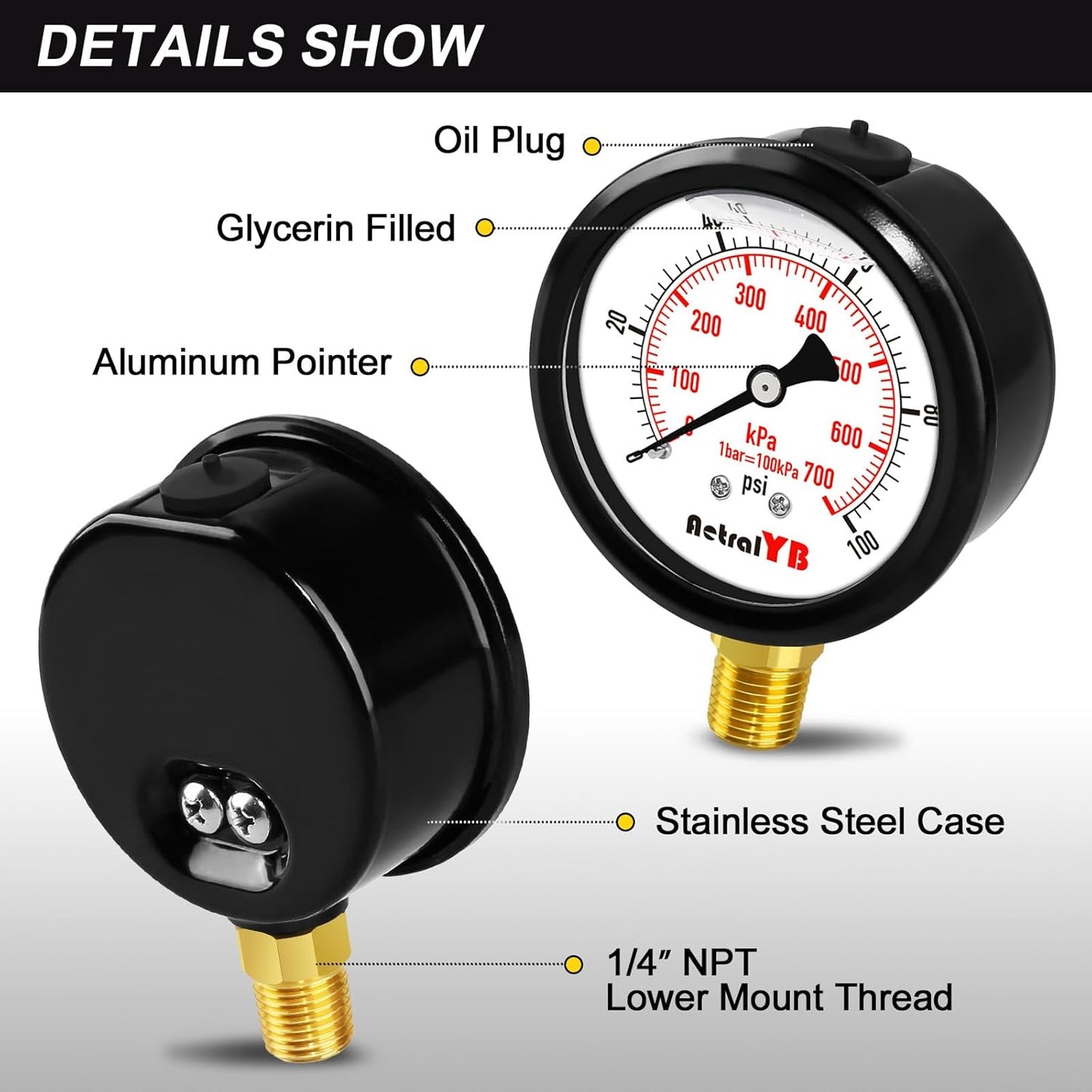 100 Psi Lead-Free 2.5 Inch Pressure Gauge Stainless Steel Case, Liquid Filled, 1.6% Accuracy,1/4" NPT Lower Mount, IP67 Waterproof for Portable Water,Pneumatic Air,RV Hose, Tank, Gas