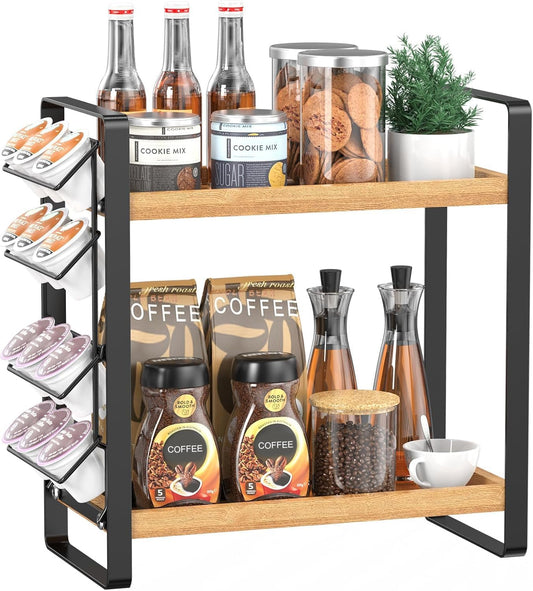 LEMIKKLE Coffee Station Organizer for Counter,Condiment Storage Caddy for Kitchen,2 Tier Wooden Shelf for Coffee Bar Accessories,Coffee Bar Organizer for Kitchen, Home, Office-Brown
