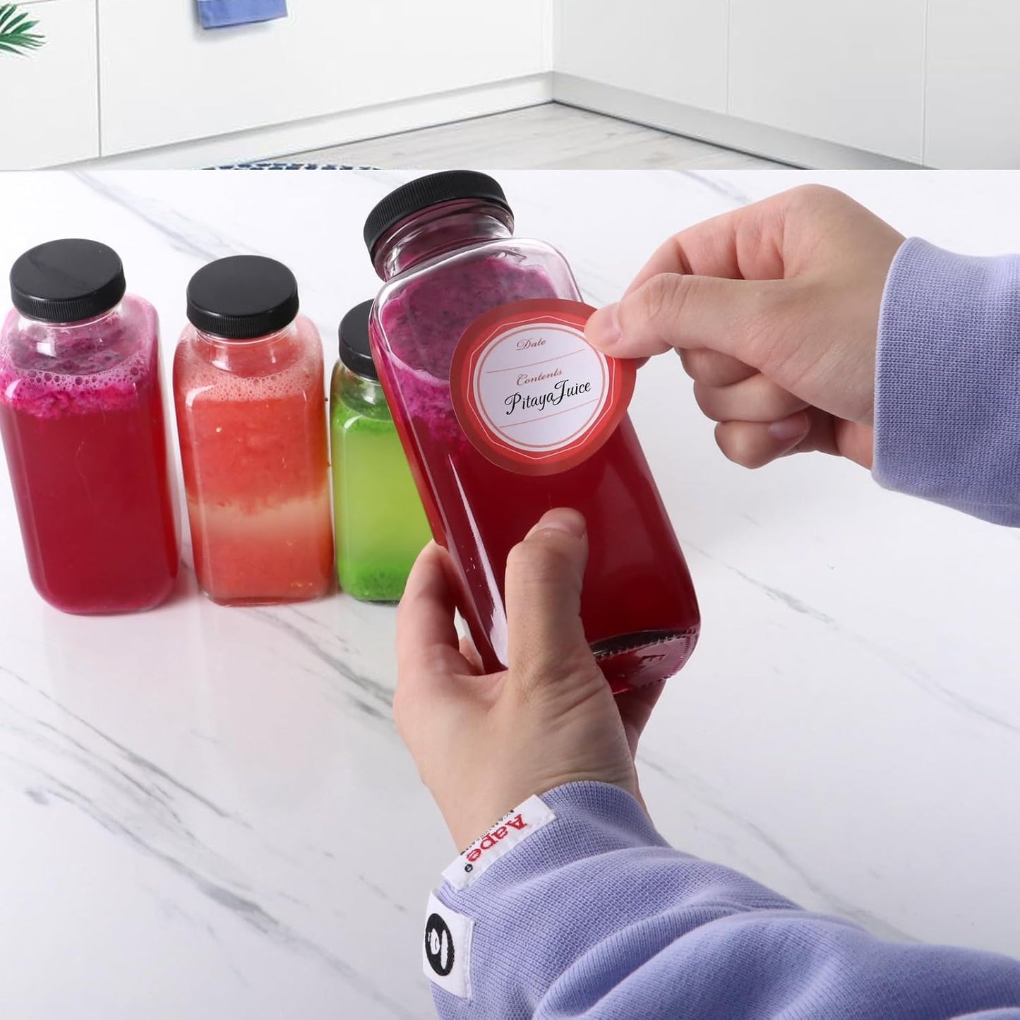 BIGIVACA 12 oz Glass Juice Bottles with Lids,6 PACK Bottles for Juicing,Square Drinking Jars Glass for Coffee,Cola,Milk,Tea in Travel,Work,School
