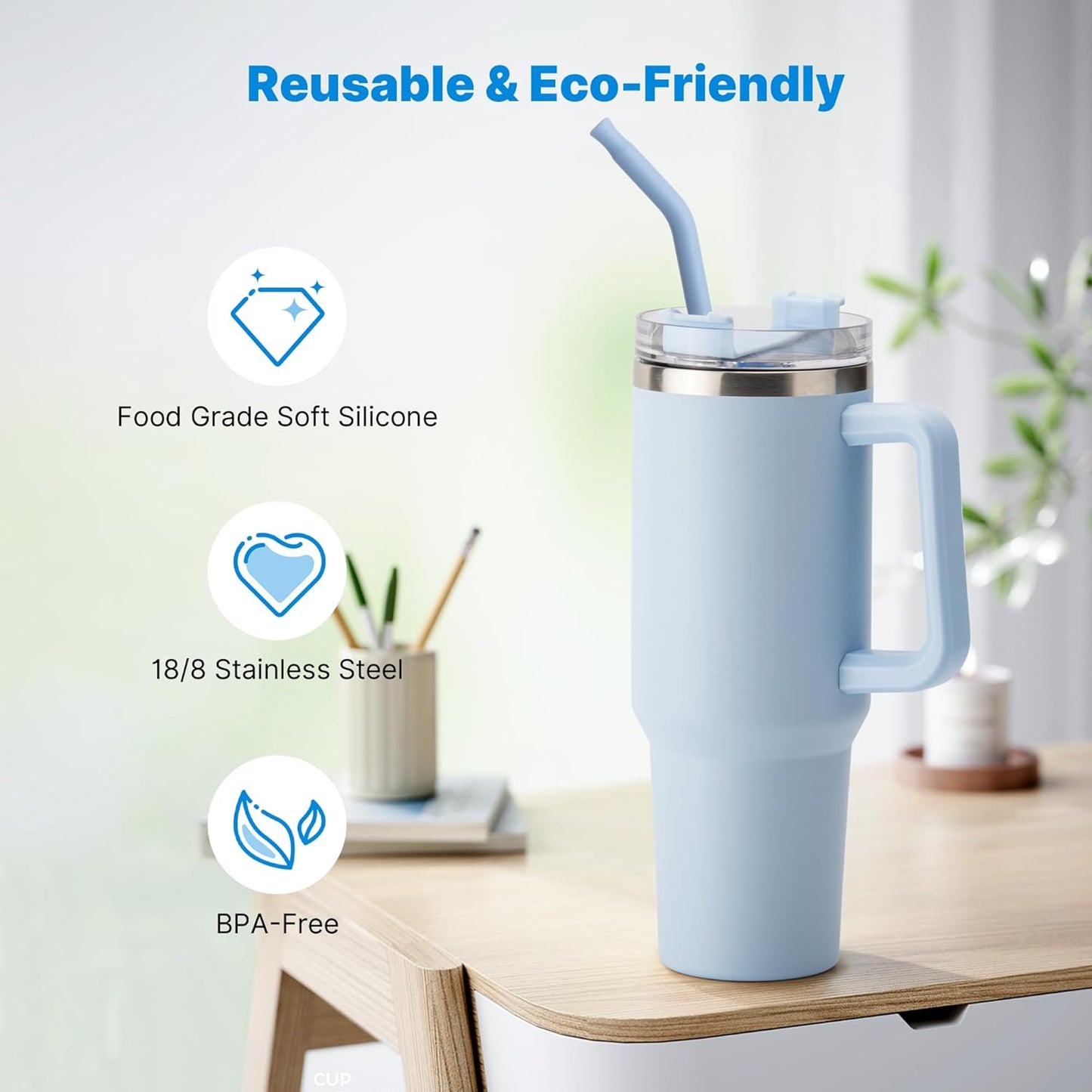 2 Pcs Stainless Steel Straws for 40 oz Stanley Tumbler, Replacement 40 oz Stanley Cup Straw Accessories with Silicone Tips and Cleaning Brush (Light Blue)