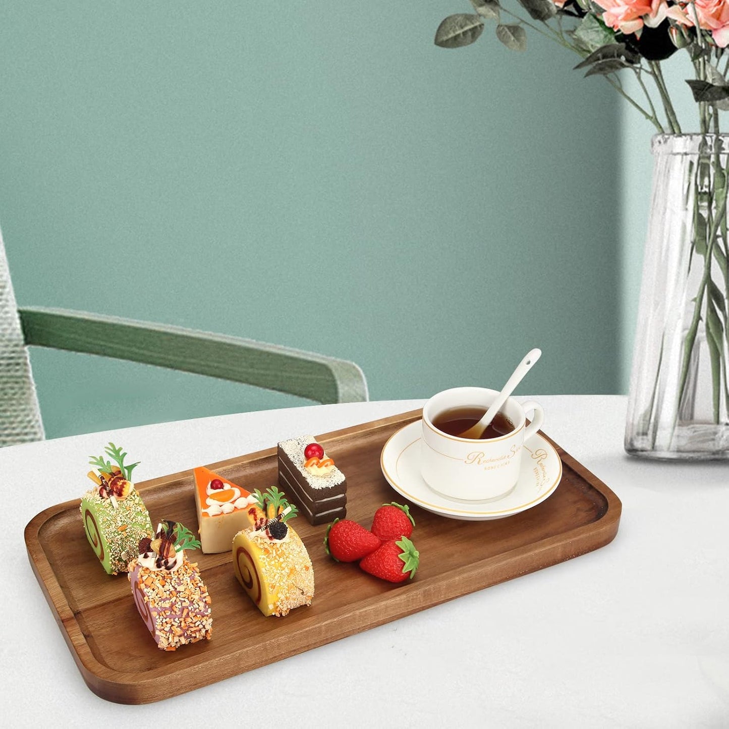 16" x 8" Large Wooden Serving Tray for Decor Party Charcuterie Boards Rectangular Acacia Wood Dessert Platters Rectangle Cake Dessert Plates Food Cheese Platter Board Snack Kitchen Dishes Tray