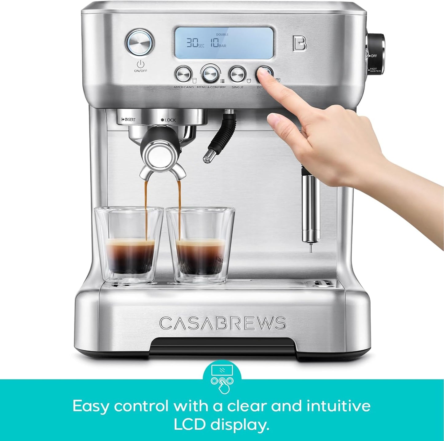 CASABREWS Neutron Pro Espresso Machine with Dual Boiler, 20 Bar Espresso Maker with Automatic Milk Frother and LCD Display, Cappuccino Latte Maker with Separate Hot Water System for Americano, Silver