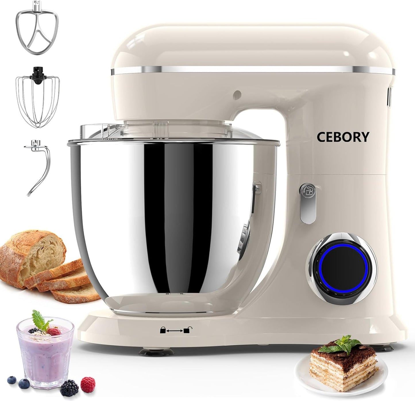 3-IN-1 Electric Stand Mixer, 6.5QT Bowl 660W 10-Speed Kitchen Mixer, Household Food Mixers include Dough Hook, Beater and Whisk, Bread Cake Mixer for Baking and Most Home Cooks, Almond Cream