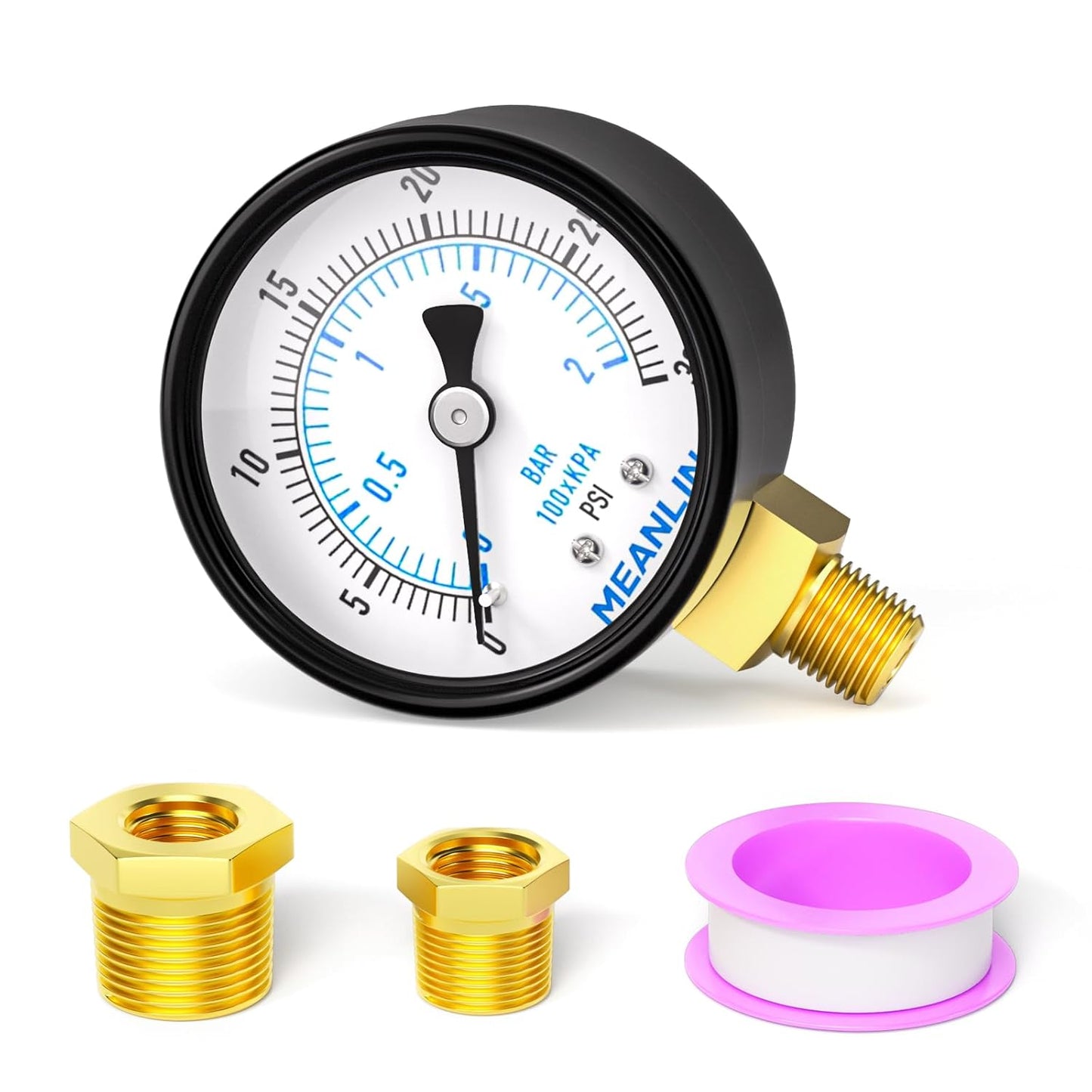 MEANLIN MEASURE 0-30Psi 2" DIAL FACE 1/8" NPT Well Pump Pressure Gauge, with 1/4" NPT and 3/8" NPT Hex Bushing, 3-2-3% Accuracy, Lower Mount