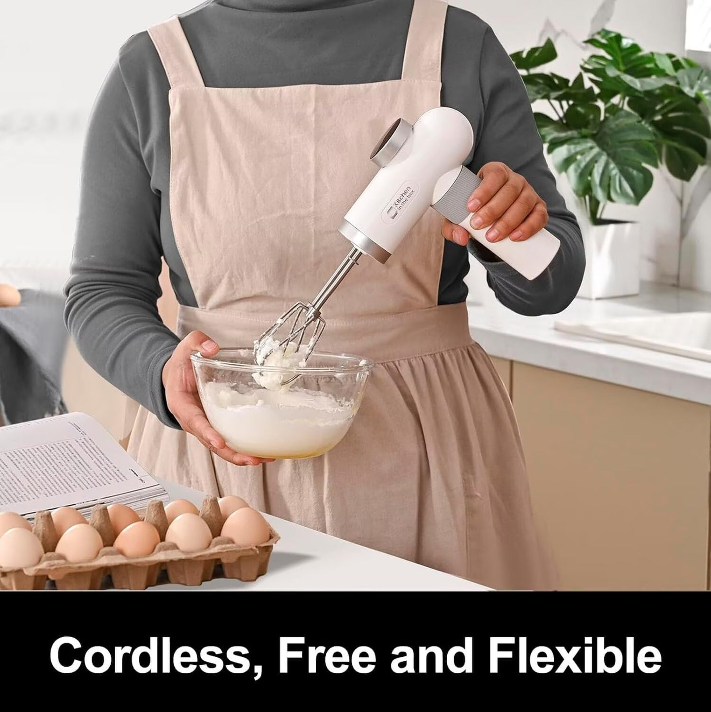 Kitchen in the box Cordless Rechargeable Hand Mixer for Kitchen, Portable Handheld Electric Mixer with Beaters, Whisks, 6-Speed Digital Display, Charging Base and USB-C Charge Cable (Pearl White)