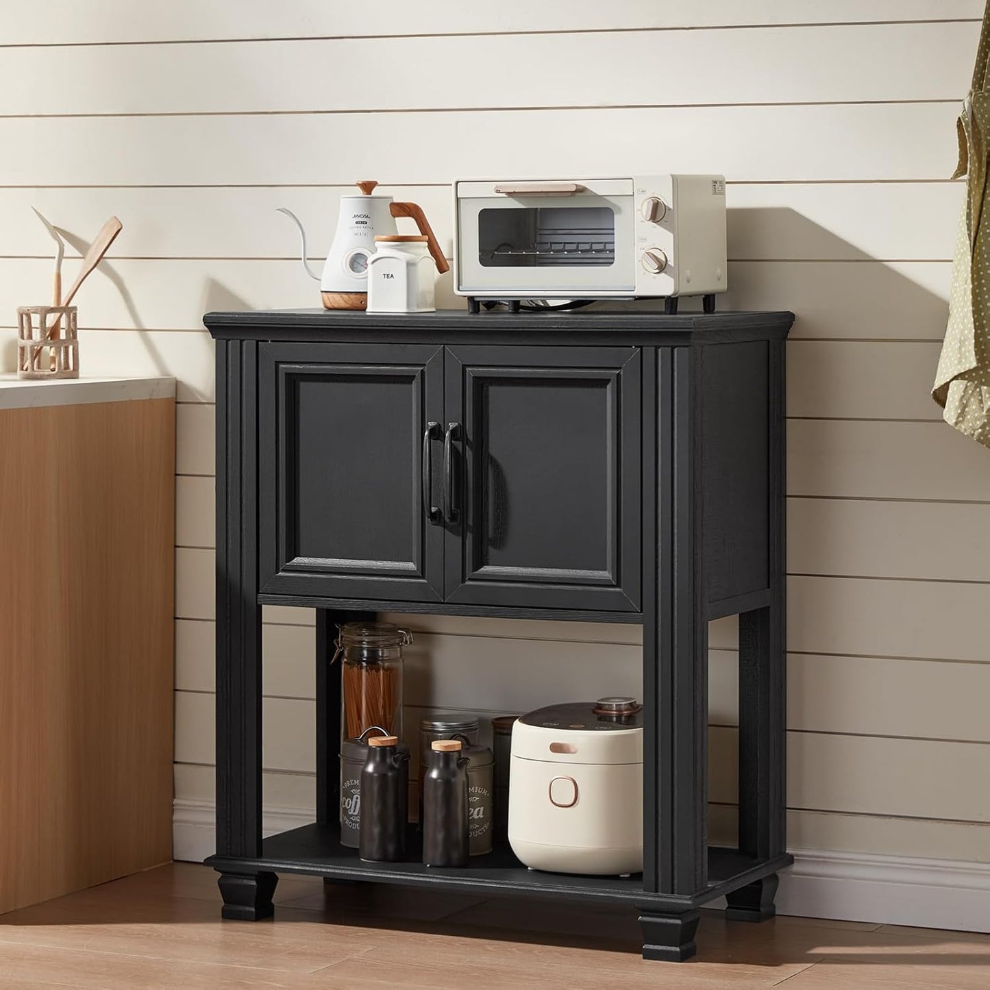 Farmhouse Coffee Bar Station with 2-Door Cabinet, Small Kitchen Cabinet with Open Lower Shelf, Entryway Table with Storage for Dining Room, Kitchen, Hallway, Living Room, Black