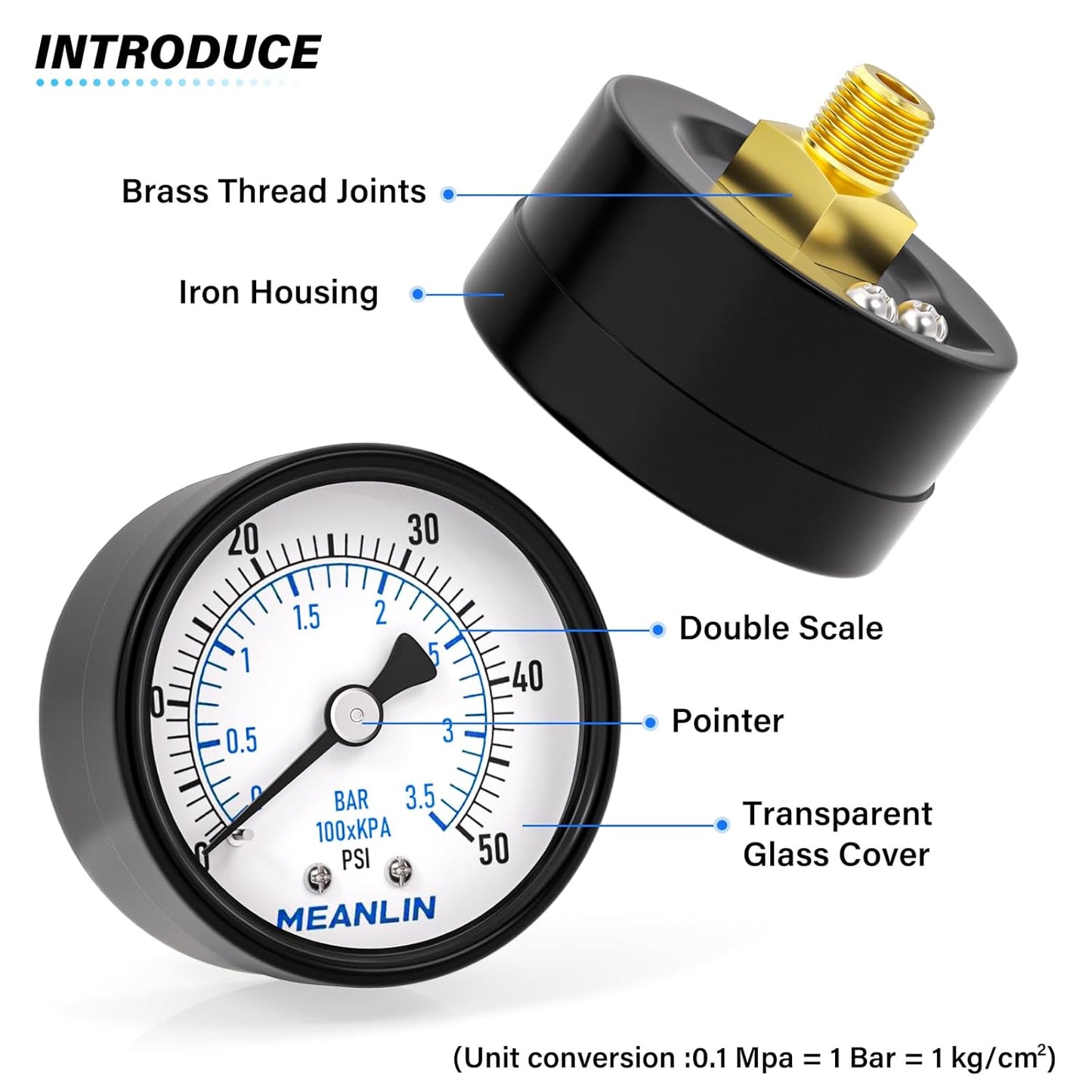 MEANLIN MEASURE 0-50Psi 2" DIAL FACE 1/8" NPT Well Pump Pressure Gauge, with 1/4" NPT and 3/8" NPT Hex Bushing, 3-2-3% Accuracy, Center Back Mount